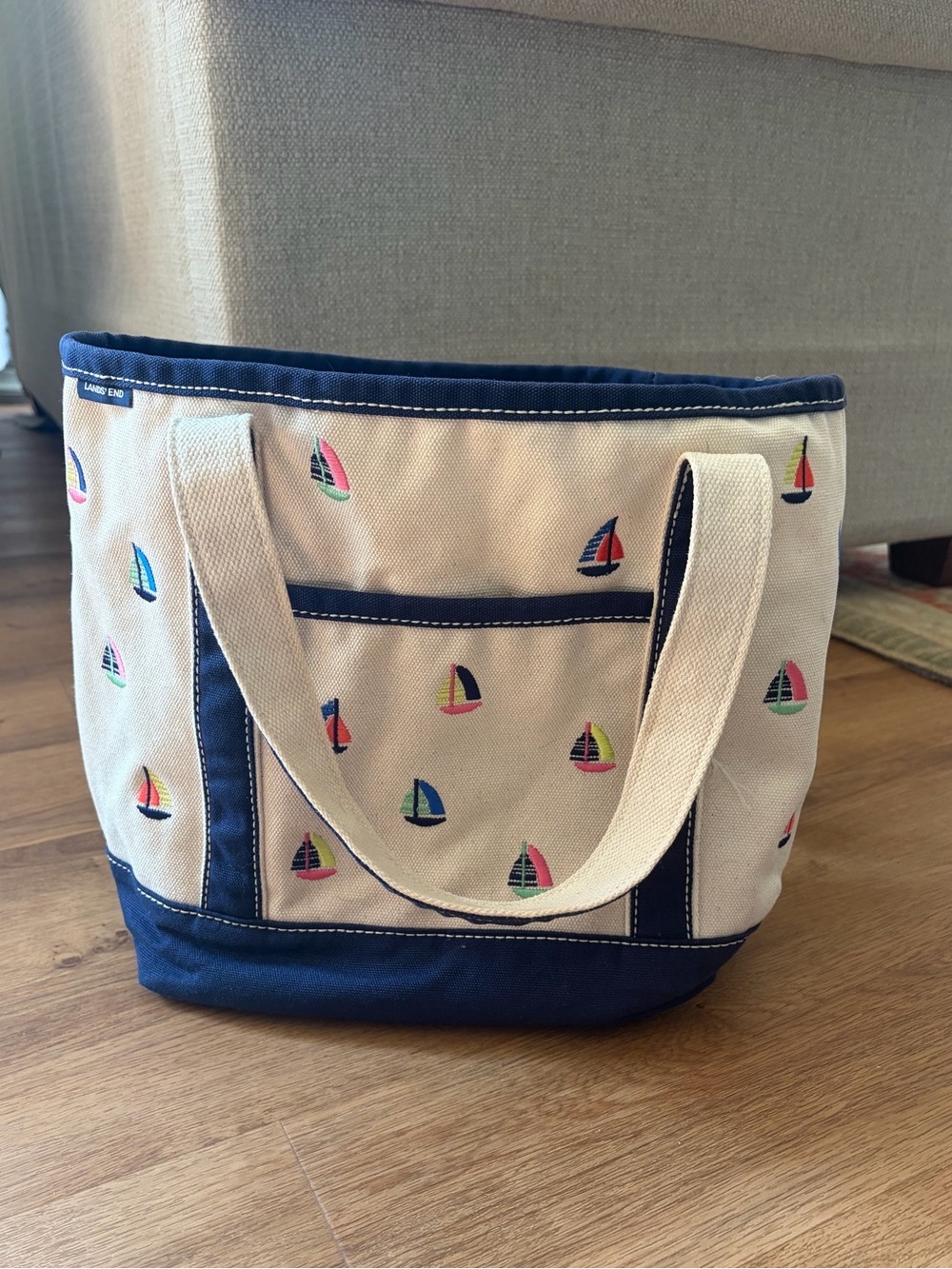 Lands’ End Embroidered Sailboat Canvas Tote Bag Navy Medium Open Top Preppy